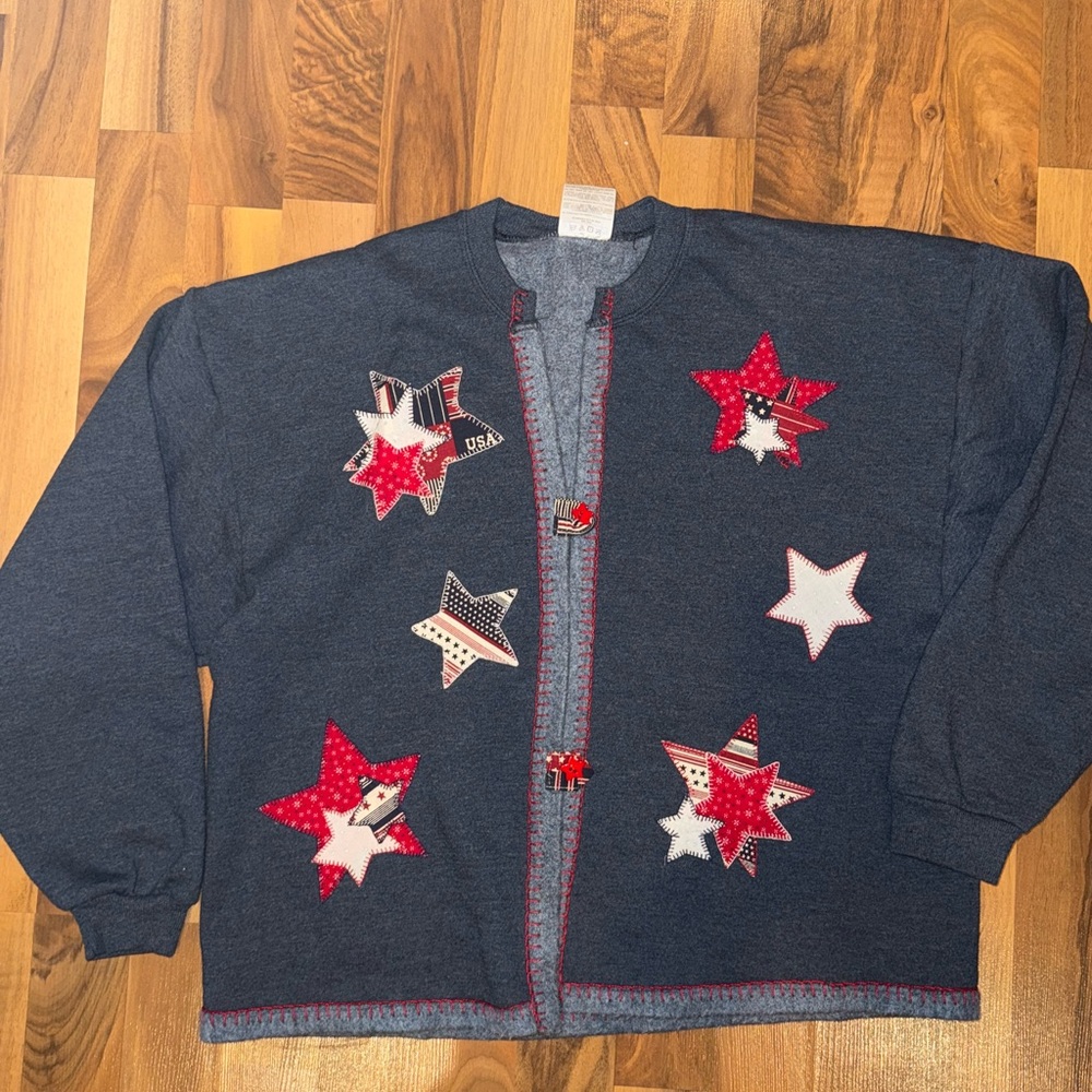 Stars, flag red white and blue handmade cardigan top size large Fourth of July